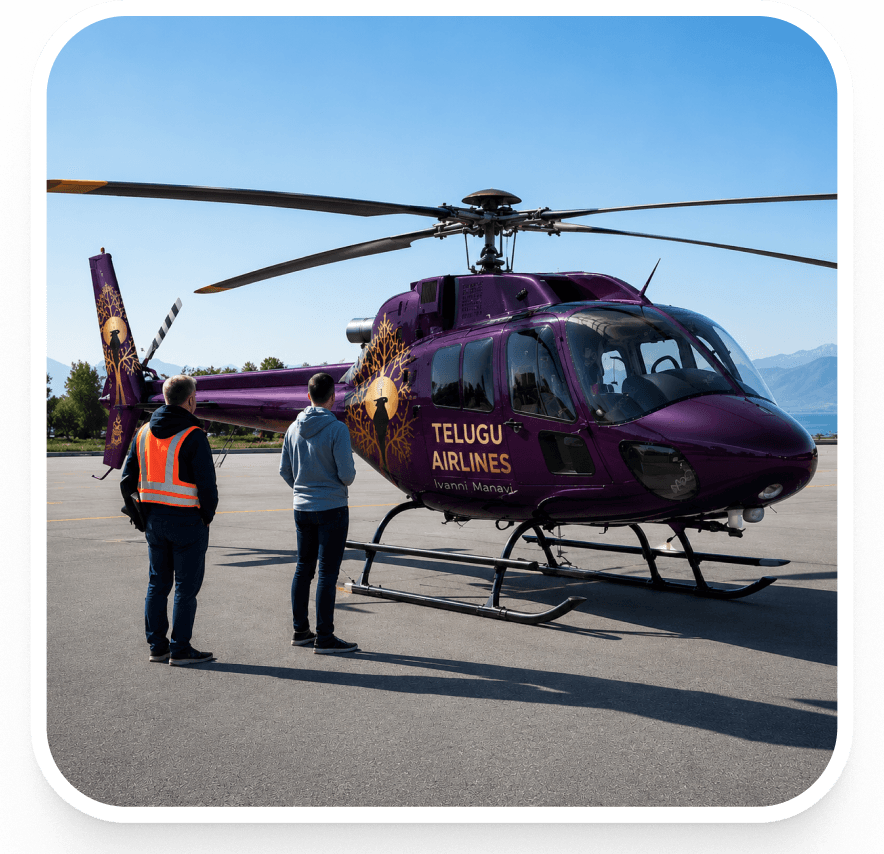 Helicopter beside coastal buildings